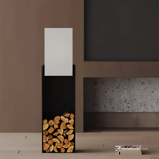 Modern Minimalist Floor Lamp with Stacked Firewood Brown Wall and Grey Speckled Texture Wall 3d model 