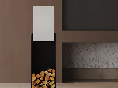 Modern Minimalist Floor Lamp with Stacked Firewood Brown Wall and Grey Speckled Texture Wall 3d model