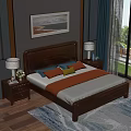 Background Double Bed with Wooden Frame Orange Blue Pillows Nightstands Lamps and Gray Wall