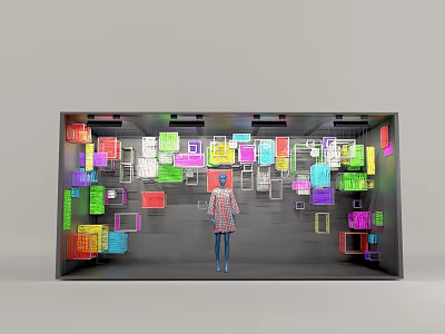 Vibrant Window Display With Colorful Square Frames And Fashion Mannequin 3d model