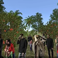 Scenic Garden Landscape Featuring Fruit Trees Palm Trees and People Enjoying Leisure Under Blue Sky