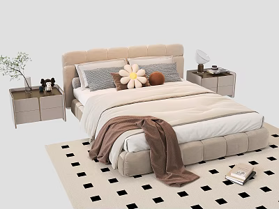 Double Bed with Beige Headboard Pillows Flower Cushion Brown Blanket Bedside Tables and Checkered Rug 3d model