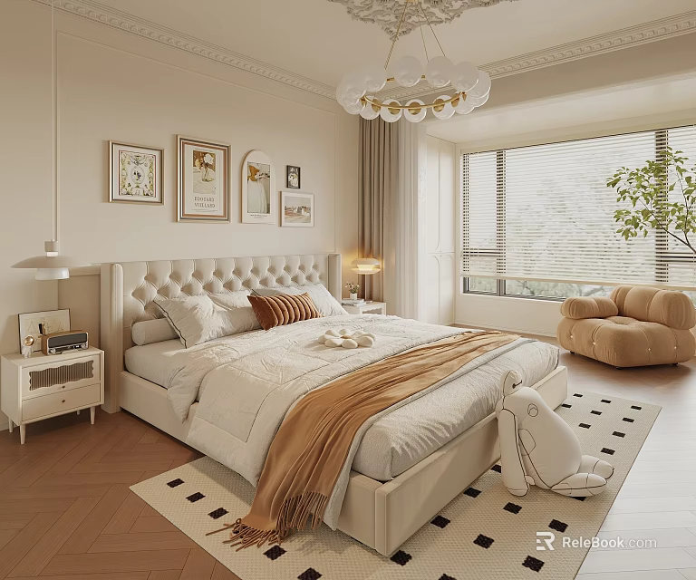 Cozy Modern Bedroom With Upholstered Bed Gold Chandelier Framed Art Checkered Rug And Large Windows 3d model 