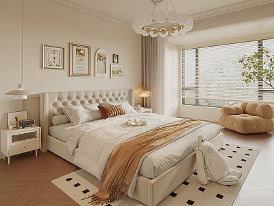 Cozy Modern Bedroom With Upholstered Bed Gold Chandelier Framed Art Checkered Rug And Large Windows 3d model
