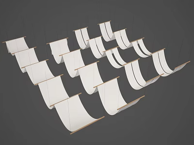 Elegant Modern Ceiling Drapery Design With White Fabric And Wooden Hanging Accents 3d model