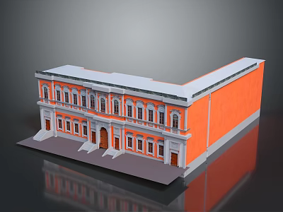 Cartoon Style Building Scene With Orange Exterior Walls White Decorative Windows And Front Steps 3d model