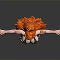 Woman With Long Orange Hair In Black Sports Bra Denim Shorts Standing Arms Outstretched