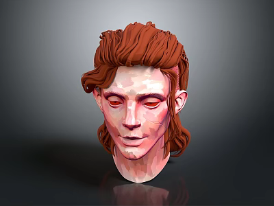 Low Poly Style 3D Character Head Portrait With Red Hair And Gray Background Reflection 3d model
