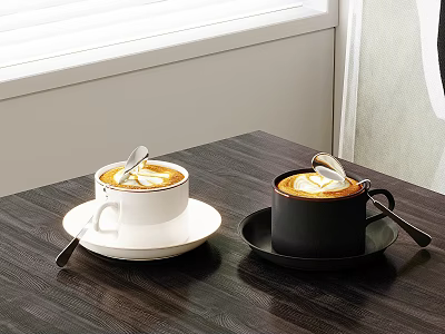 Two Cups Of Coffee With Spoons On Dark Wooden Table 3d model