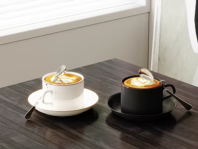 Two Cups Of Coffee With Spoons On Dark Wooden Table 3d model Two Cups Of Coffee With Spoons On Dark Wooden Table 3d model