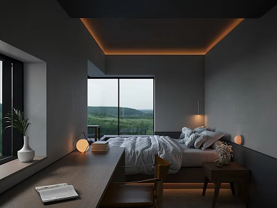 Contemporary Minimalist Hotel Guest Room With Large Window Overlooking Beautiful Serene Natural Rural Landscape 3d model