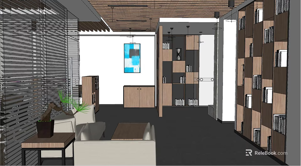 Modern Public Office Space With Open Layout Sofas Coffee Tables And Bookshelves 3d model 