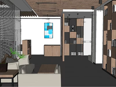Modern Public Office Space With Open Layout Sofas Coffee Tables And Bookshelves 3d model