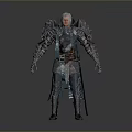 Man with White Hair in Blue Silver Armor and Large Shoulder Ornaments on Gray Background