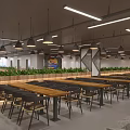Modern Cafeteria With Long Tables Chairs And Pendant Lights 3d model