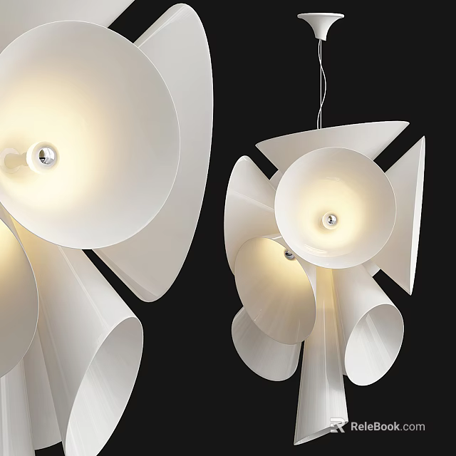 Modern White Chandelier With Unique Petal Shaped Design Illuminated Against Black Background 3d model 