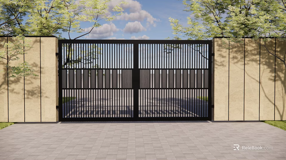 Modern Garden Gate With Vertical Slats And Beige Walls Surrounded By Green Trees 3d model 