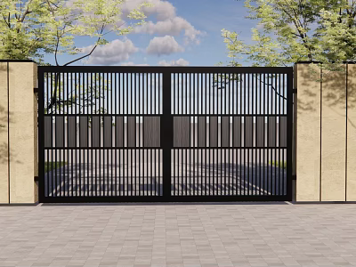 Modern Garden Gate With Vertical Slats And Beige Walls Surrounded By Green Trees 3d model