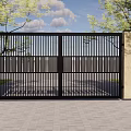 Modern Garden Gate With Vertical Slats And Beige Walls Surrounded By Green Trees