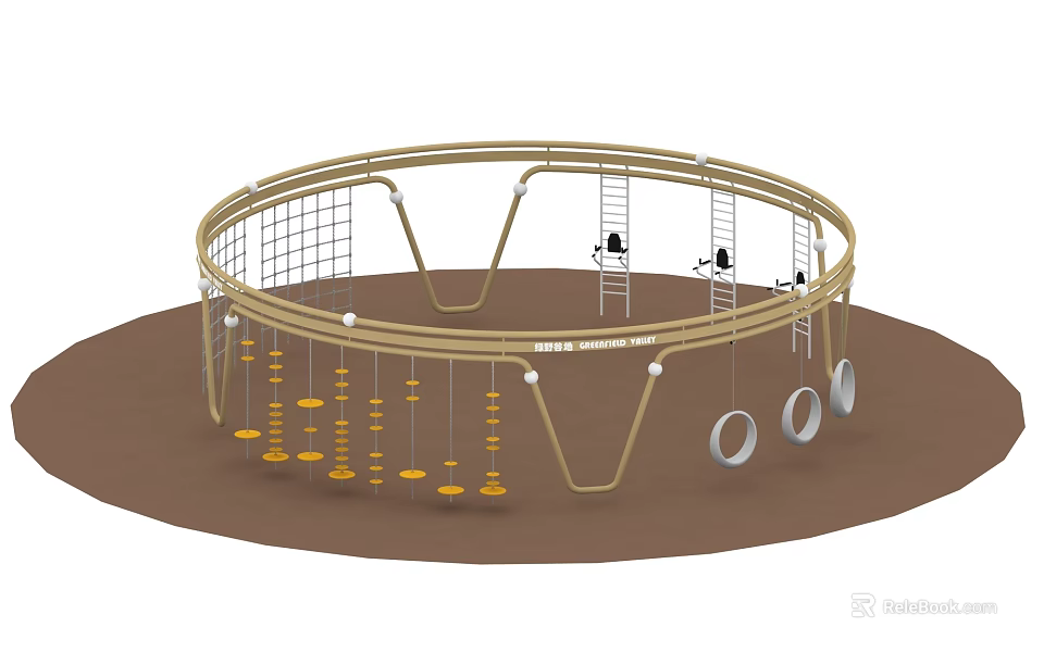 Circular Outdoor Playground Structure With Climbing Net Swings And Rings 3d model 