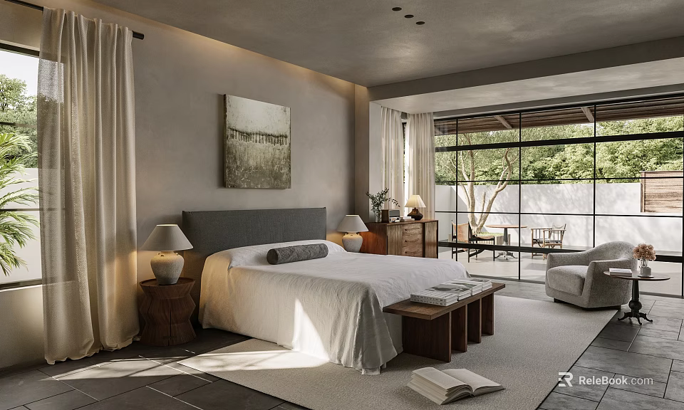 Modern Hotel Room With King Bed Gray Headboard White Bedding Wall Art And Large Windows 3d model 