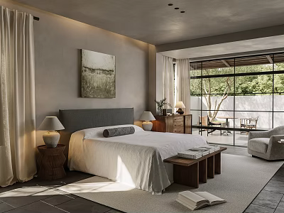 Modern Hotel Room With King Bed Gray Headboard White Bedding Wall Art And Large Windows 3d model