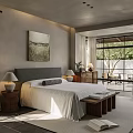 Modern Hotel Room With King Bed Gray Headboard White Bedding Wall Art And Large Windows