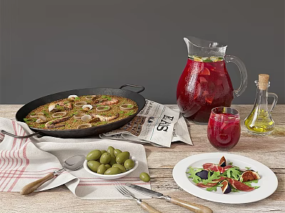 Traditional Spanish Paella with Seafood and Sangria Pitcher Served with Olives and Fig Salad 3d model