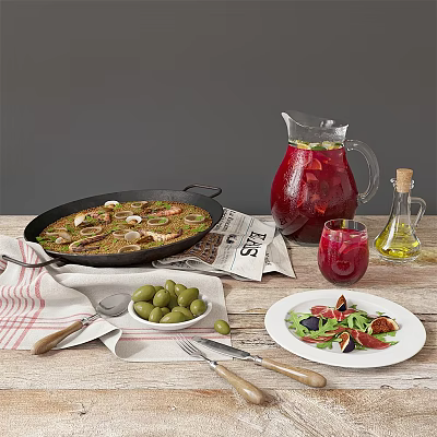 Traditional Spanish Paella with Seafood and Sangria Pitcher Served with Olives and Fig Salad 3d model