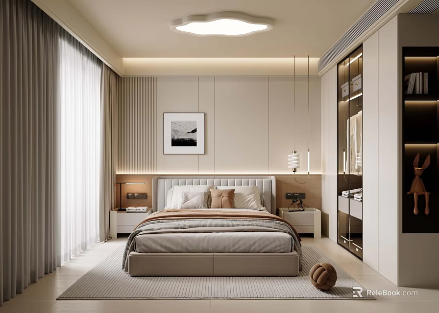 Modern Bedroom Interior With Comfortable Bed Pillows Nightstands Wall Art Ceiling Light And Rug 3d model 