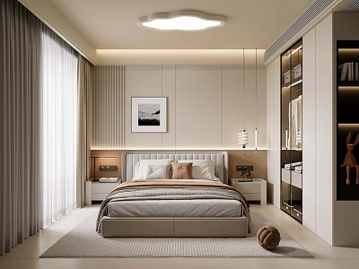 Modern Bedroom Interior With Comfortable Bed Pillows Nightstands Wall Art Ceiling Light And Rug 3d model