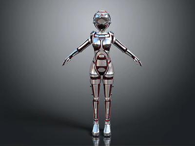 Futuristic Metallic Robot Character With Silver Red Armor And Humanoid Design 3d model