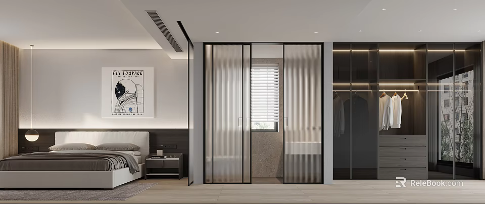 Modern Bedroom Interior Design With Transparent Glass Door Wardrobe And Blinds 3d model