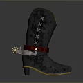 Black Boot With Yellow Trim Cross Stitching Red Strap Star Decoration And Thin Heel