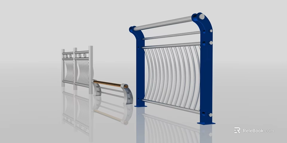 Modern Metal Railing Design With Blue Posts And Silver Curved Railings 3d model