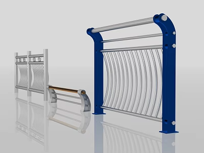 Modern Metal Railing Design With Blue Posts And Silver Curved Railings 3d model