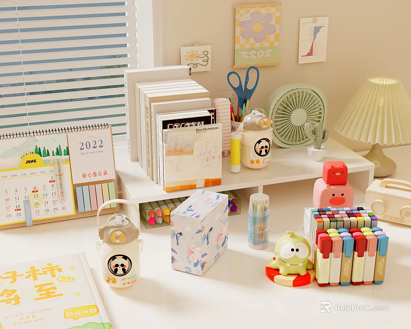 Organized Study Desk With Books 2023 Calendar Lamp Fan And Colored Pens 3d model 