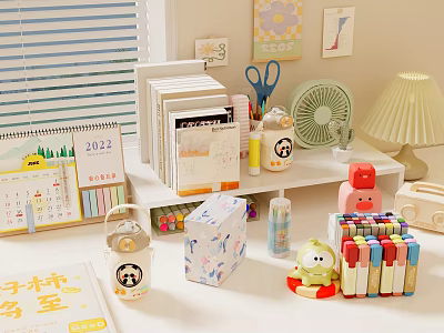 Organized Study Desk With Books 2023 Calendar Lamp Fan And Colored Pens 3d model