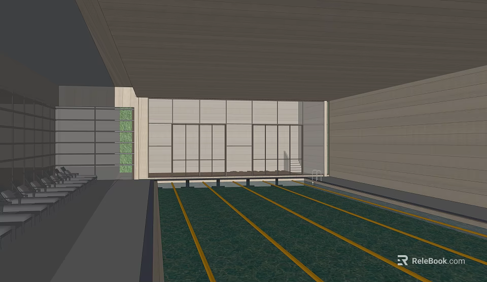 Modern Parking Lot With Green Surface Yellow Lines And Glass Curtain Walls 3d model 