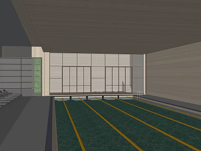 Modern Parking Lot With Green Surface Yellow Lines And Glass Curtain Walls 3d model