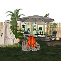Natural Garden Landscape with Tent Bonfire Green Lawn Umbrella and Wooden Fence for Outdoor Relaxation