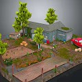 Cartoon Scene With Small Rustic House Green Trees Red Truck Brown Boxes And Wooden Platform