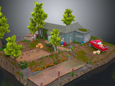 Cartoon Scene With Small Rustic House Green Trees Red Truck Brown Boxes And Wooden Platform 3d model