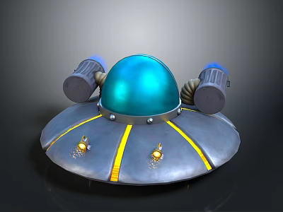 Futuristic UFO Model With Blue Dome Gray Base Yellow Stripes And Side Cylindrical Structures 3d model