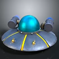 Futuristic UFO Model With Blue Dome Gray Base Yellow Stripes And Side Cylindrical Structures
