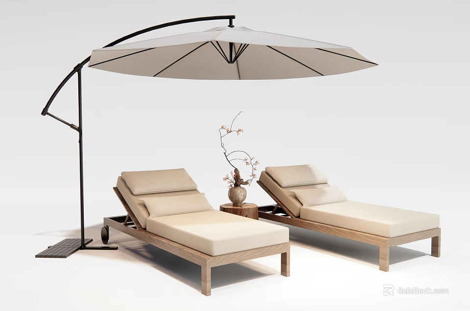 Comfortable Wooden Lounge Chairs With Beige Cushions Umbrella Side Table And Decorative Vase 3d model 
