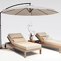 Comfortable Wooden Lounge Chairs With Beige Cushions Umbrella Side Table And Decorative Vase