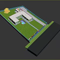 Cartoon Style Residential Scene With House Swimming Pool Green Lawn Tree And White Fence