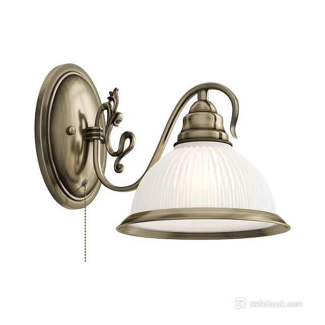 Vintage Brass Wall Sconce With White Ribbed Glass Shade And Ornate Decorative Base 3d model 