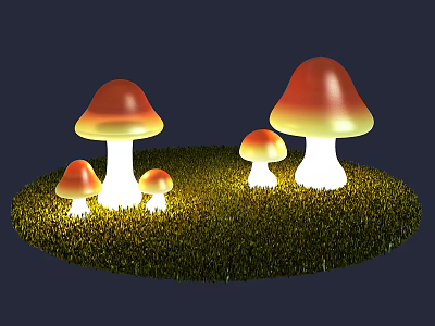 Illuminated Mushroom Shaped Outdoor Lights With Red Yellow Gradient And White Base On Green Grass 3d model